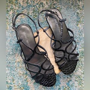 Stuart Weitzman black patent leather croc strappy black wedge sandals, size 8M